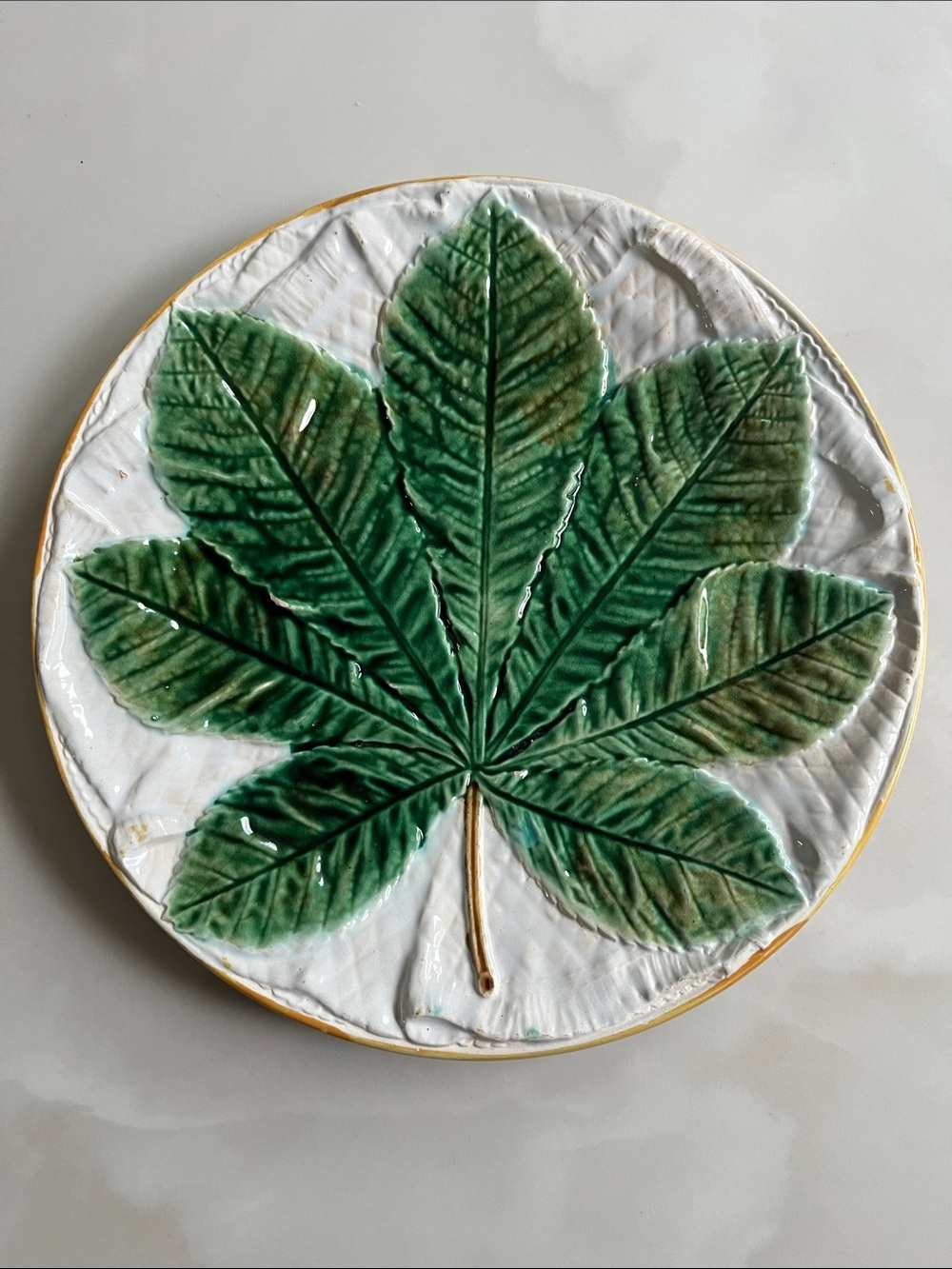 George Jones Majolica Horse Chestnut on Dinner Napkin Plate, 1870.